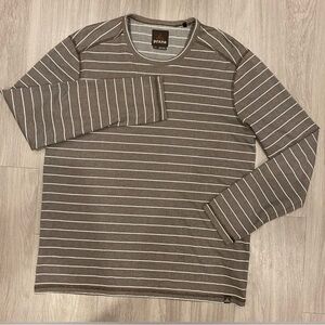 Prana Men's Long Sleeve Brown and White Striped Tee